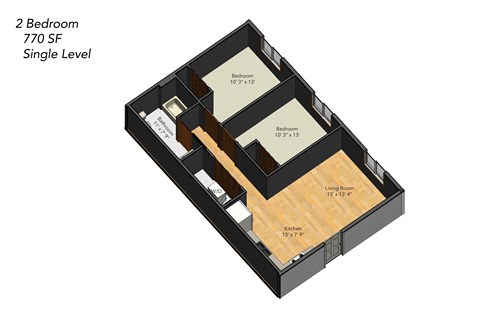 Floor plan for 2 beds, 1 bath, 770 sqft